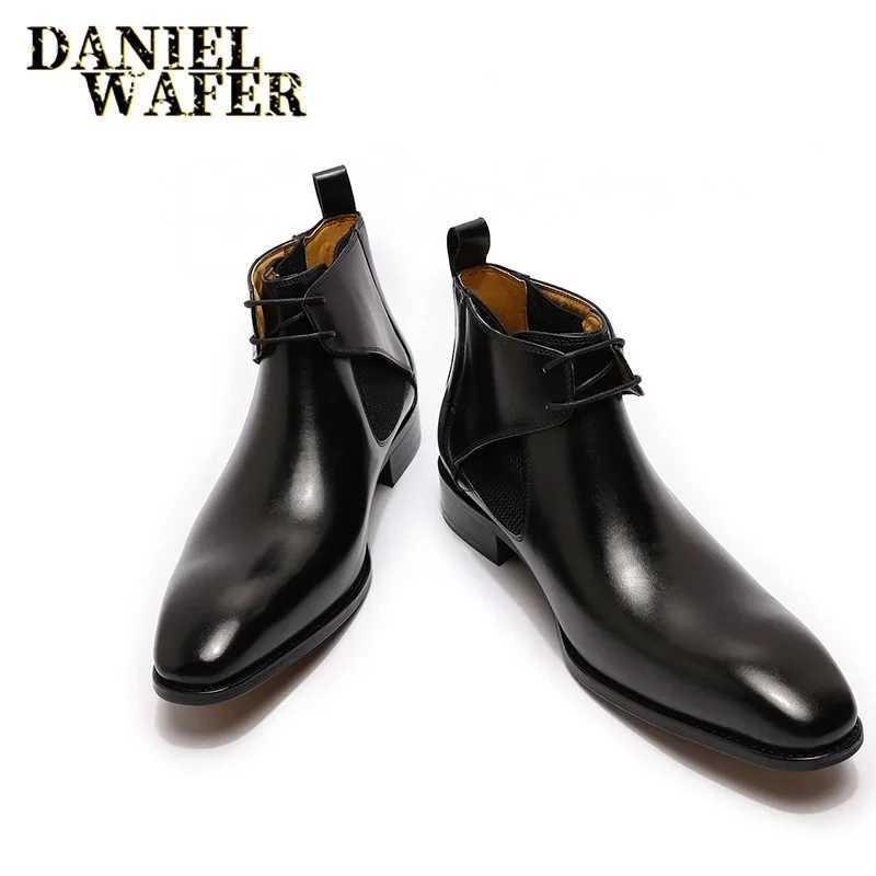 Luxury brand mens Chelsea boots black and brown angular toes handmade genuine leather lace wedding office mens business boots Z250303