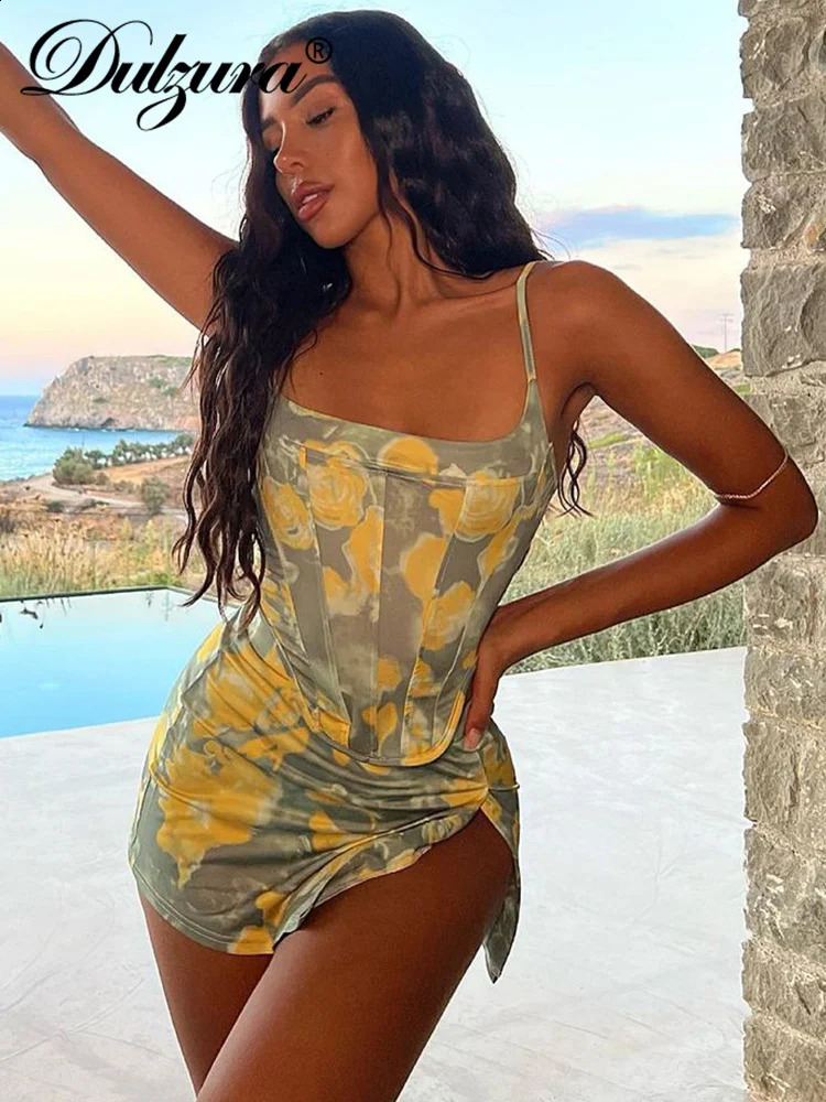 Dulzura Women Y2K Clothes Floral Print 2 Piece Sets Sleeveless Backless Corset Crop Top High Waist Bodycon Mini Skirt Suit Club 250228