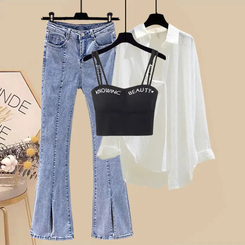 Womens Set SpringSummer 2023 Korean Fashion Slim Tank Top Casual Shirt Micro Flare Pants Three Piece 250225