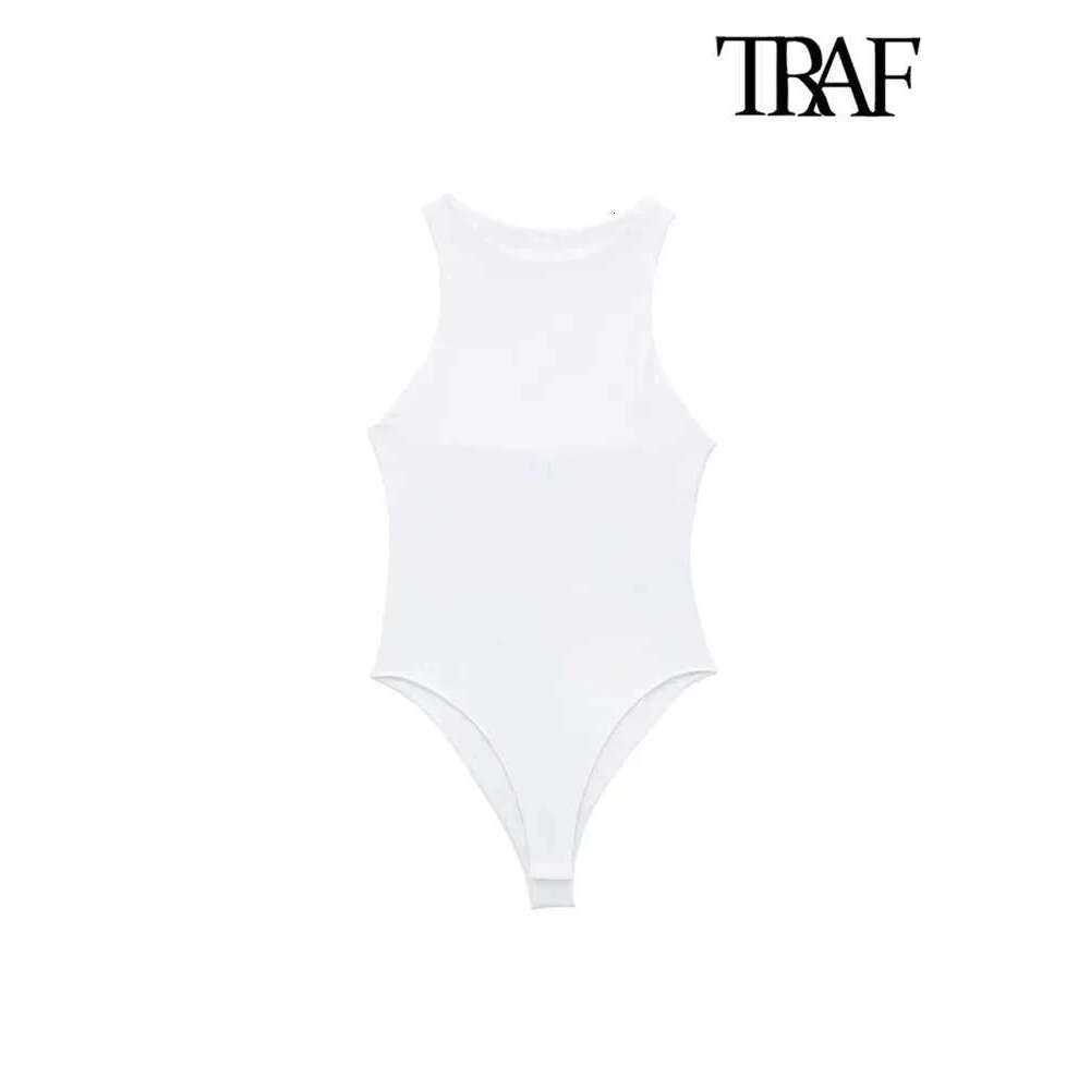 Women's Wear TRAF Women Fashion With Halter Neck Skinny Bodysuit Sexy Sleeveless Snap-Button Female Playsuits Mujer