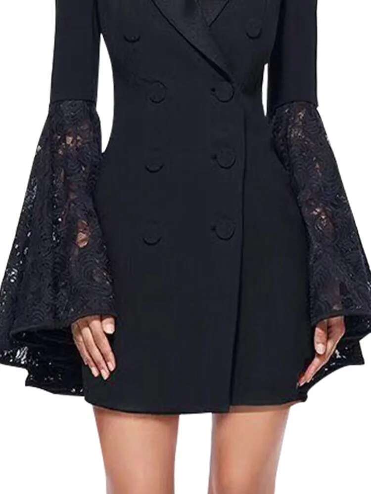 TWOTWINSTYLE Patchwork Button Blazers For Women Notched Collar Long Sleeve High Waist Spliced Lace A E Blazer Female Fashion