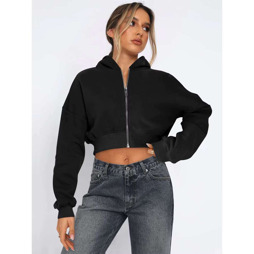 Custom Oversized Cotton Cropped Women Heavyweight Hooded Streetwear Embroidery Sport Style Full Zip Soild Womens Hoodie