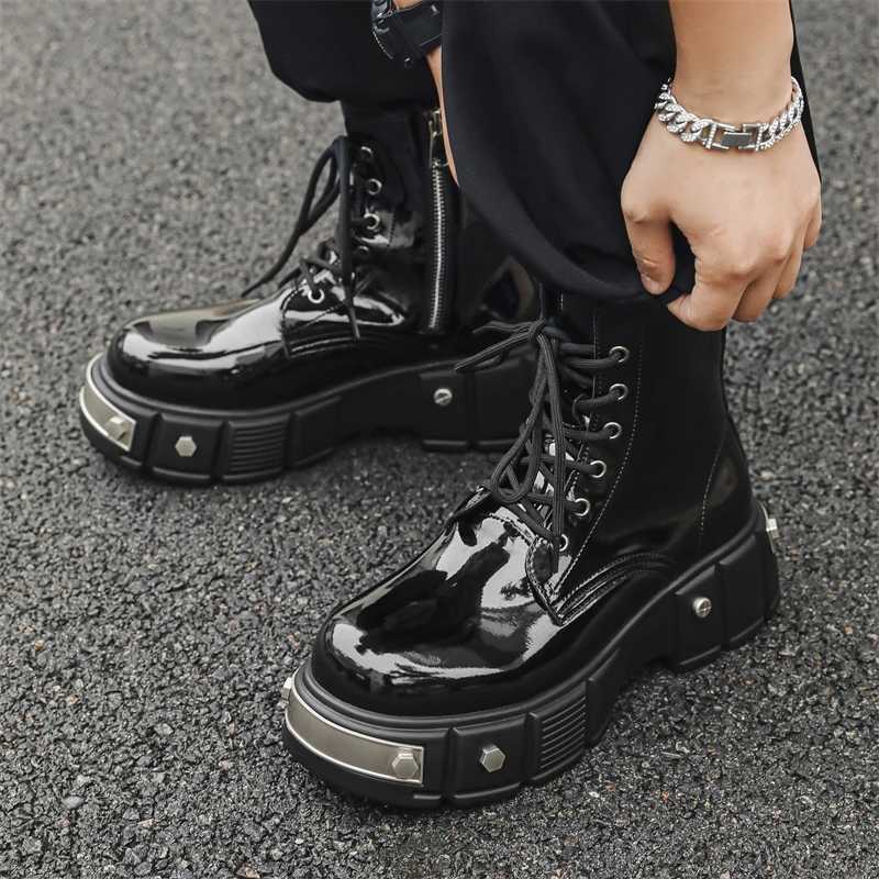 Luxury original high-quality street style black patent leather boots suitable for mens metal decorated high gain shoes Z250303