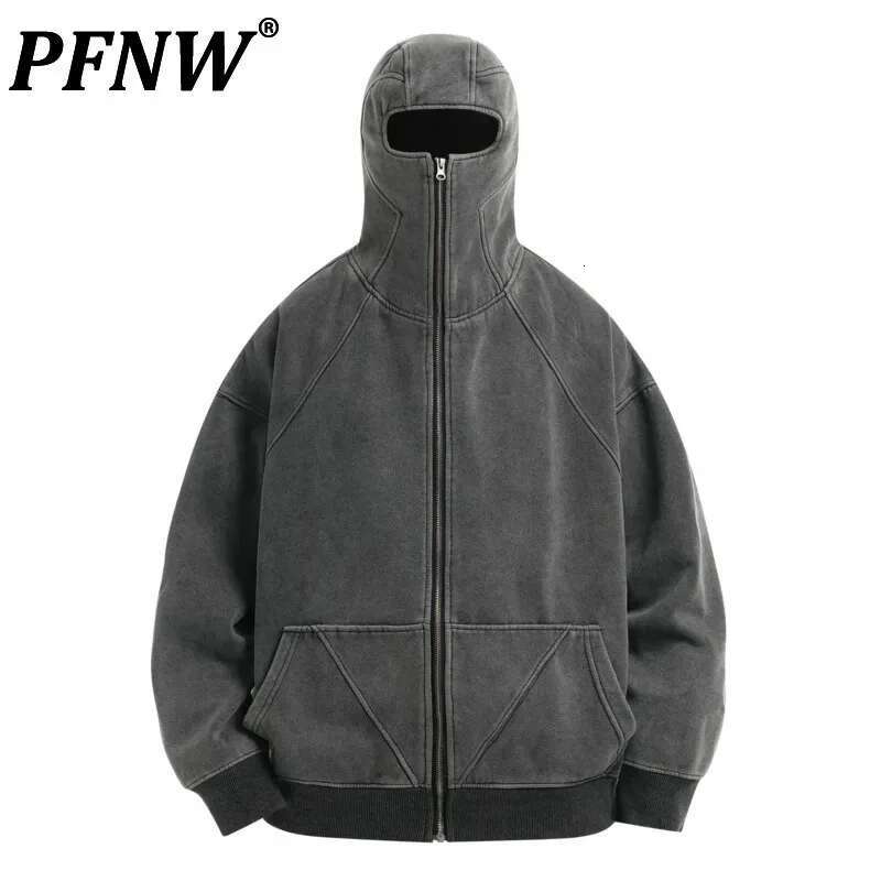 PFNW Men's Dark Grey Zipper Cardigan Sweatshirts American Casual Loose Washed Distressed Thin Veet Hoodie Autumn New 12C1418