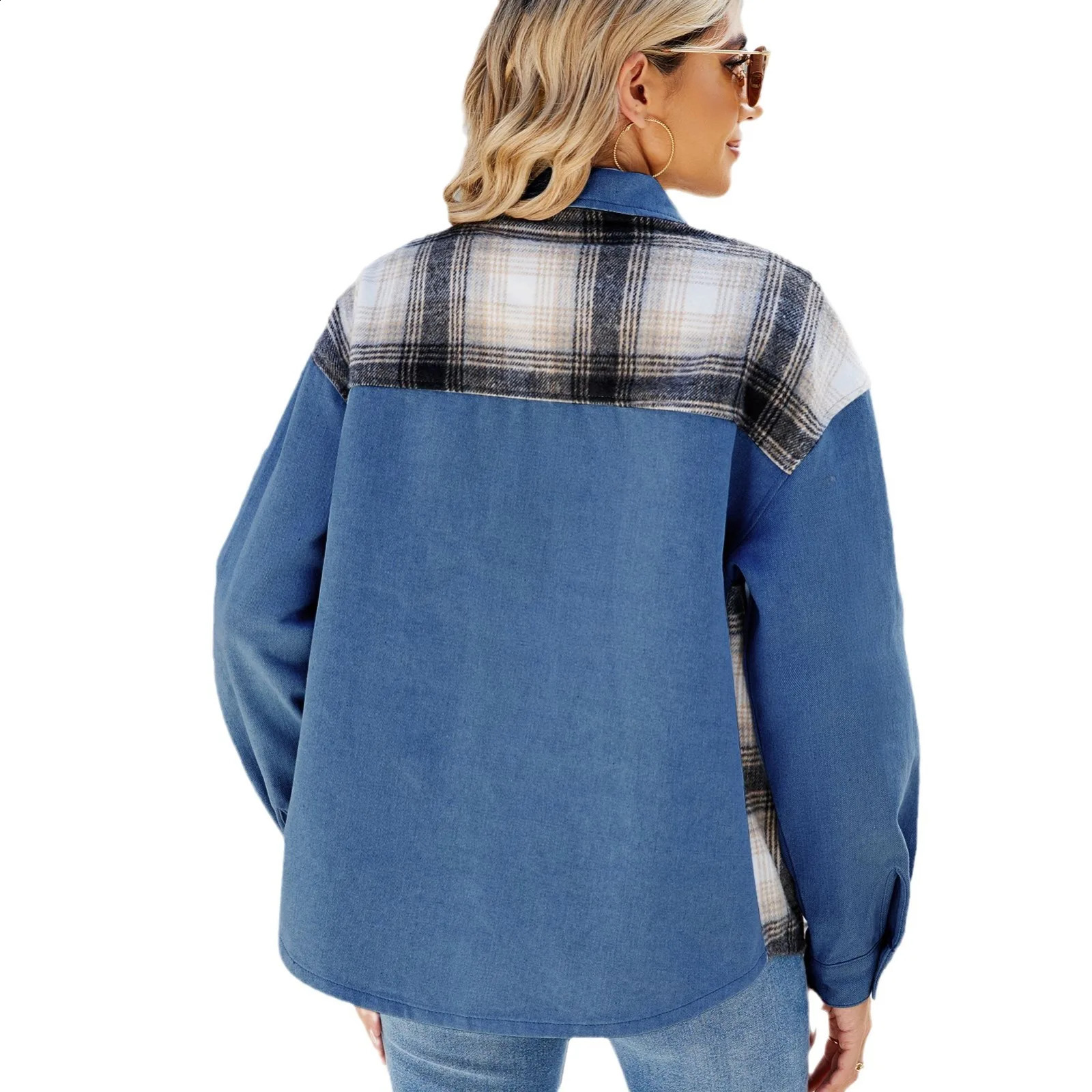Spring Womens Denim Jacket Casual Lapel Ladies Coats Vintage Fashion Plaid Print Patchwork Jackets 250228