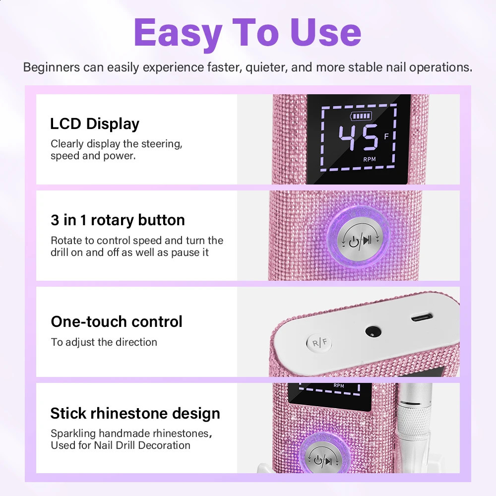 45000RPM Professional Rechargeable Nail Drill Machine for Nails Electric File HD Display Metal Manicure Pen Nail Lathe Sander 250303