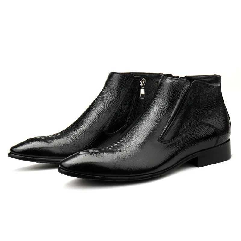 New Crocodile Pattern Men Ankle Boots Luxury Genuine Leather Handmade Designer Black Zipper Pointed Fashion Black Warm Shoes Man Z250303