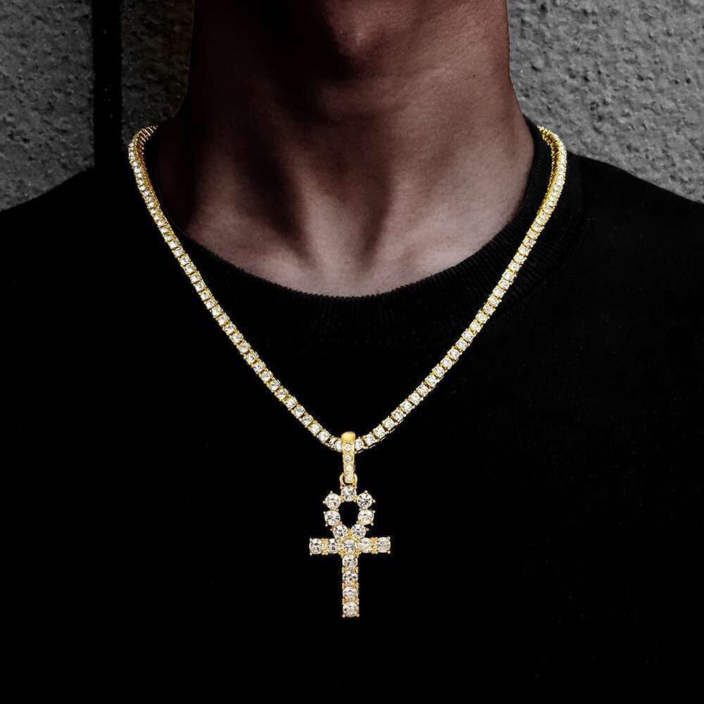 Iced Out Ankh Cross Pendant With 4mm Tennis Chain Necklace Good Luck Sparkg Hip Hop Creative Jewelry for Men Women Gift