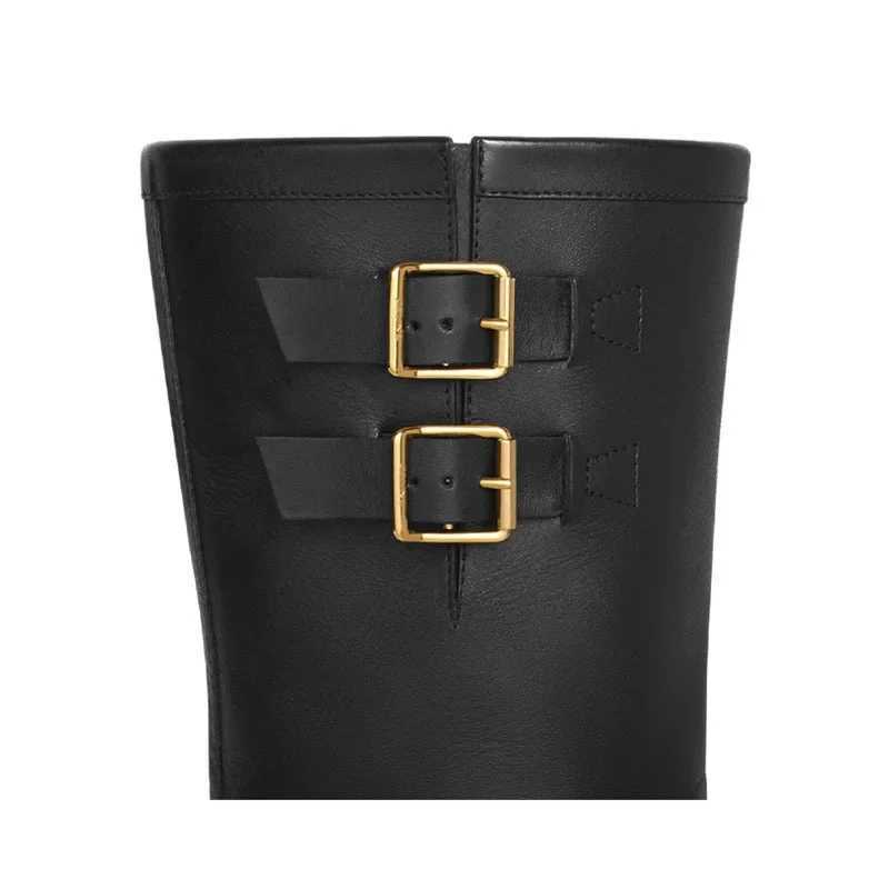 Luxury Brand Designer Belt Buckle Boots Women 2024 New British Style Thick Heel Ankle Boots Winter Fur Warm Chunky Boots Female Z250303