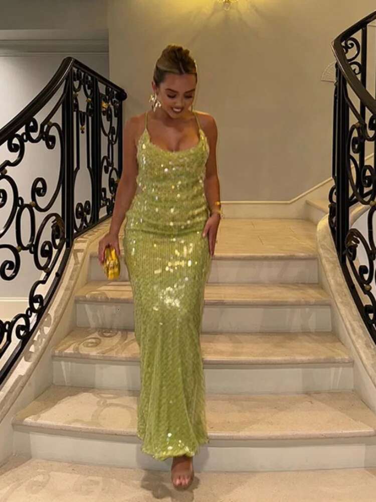 Sexy Women 2025 Summer Green Shiny Sequin Maxi Dresses Fashion U Neck Off Shoulder Backless Robe Lady Beach Vacation Party Gowns