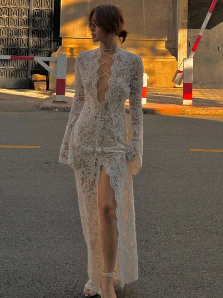 Hollow Out Women's Sexy Deep V Split Dresses Lace Up Long Sleeve Maxi Elegant Beach Party Ladies Dress