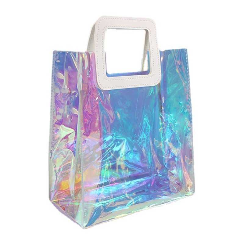 New Arrival Clear Tote Bag Holographic Rainbow Shopping Bag Multi-Use Big Capacity Shoulder Handbag for Work Gym Sports Travel Beach T250303