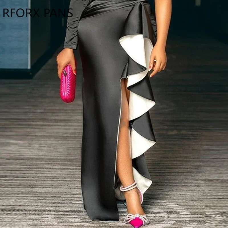 Women Solid Elegant Cascading Ruffles One Shoulder High Silt Maxi Bodycon Formal Party Sexy Black Dress