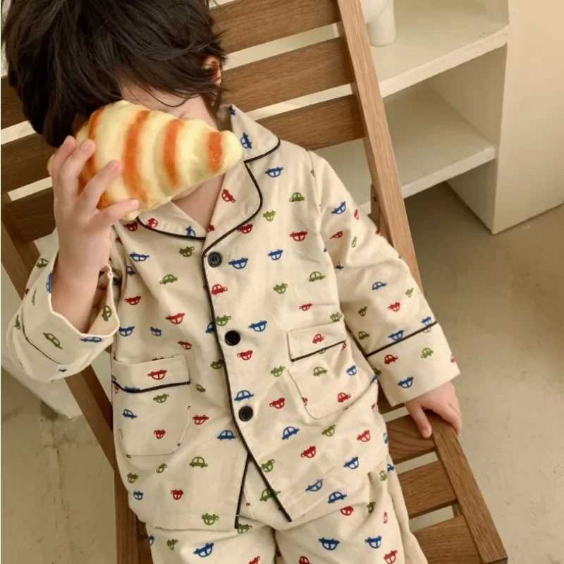 Children Turndown Collar Pajama Sets Toddler Kids Cartoon Cute Cotton Pyjamas Set Cardigan Sleepwear Childrens ClothingT250304