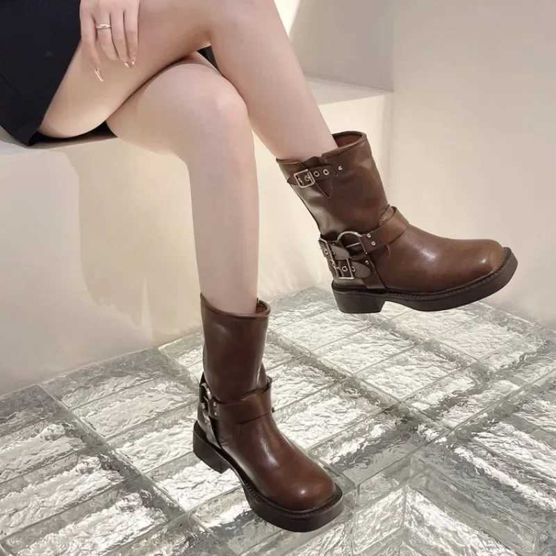 Womens Ankle Boots Autumn Work Fashion Elegant Punk New in Black Luxury Low Heel Round Toe Leather Dropshipping Center Footwear Z250303