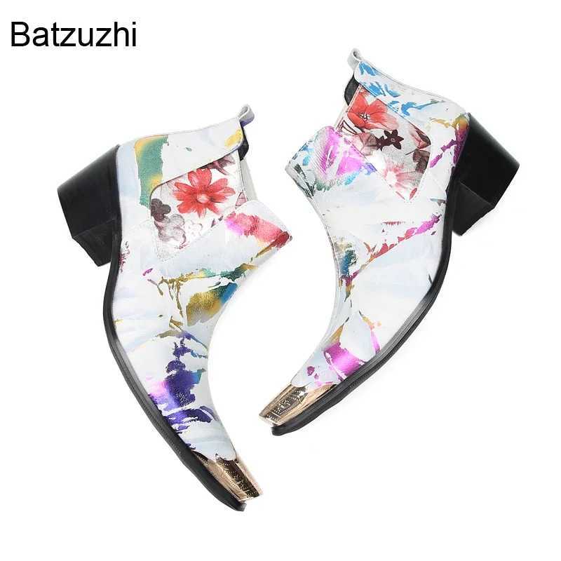 Batzuzhi 6.5cm Heels Luxury Mens Boots Gold Metal Tip White Leather Ankle Boots for Men Slip on Party/Wedding Boots Male! Z250303