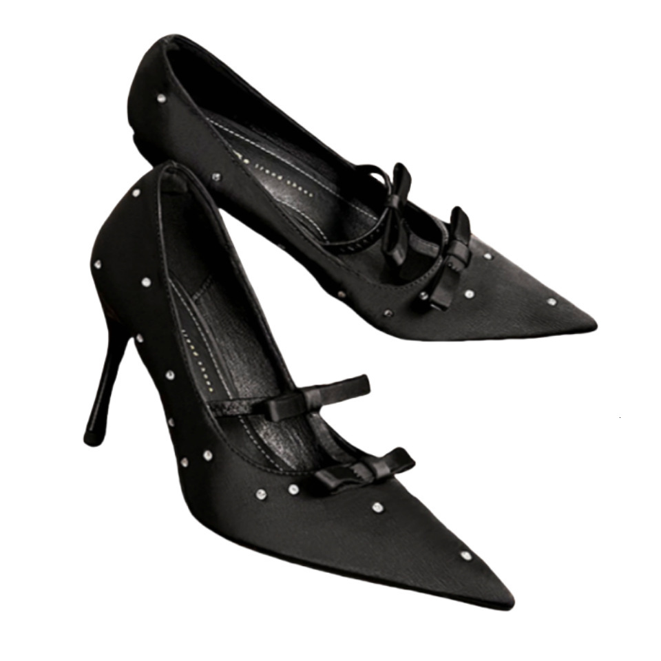 Advanced polka dot French temperament bow square toe black rhinestone single shoes for women, 2025 new high heels