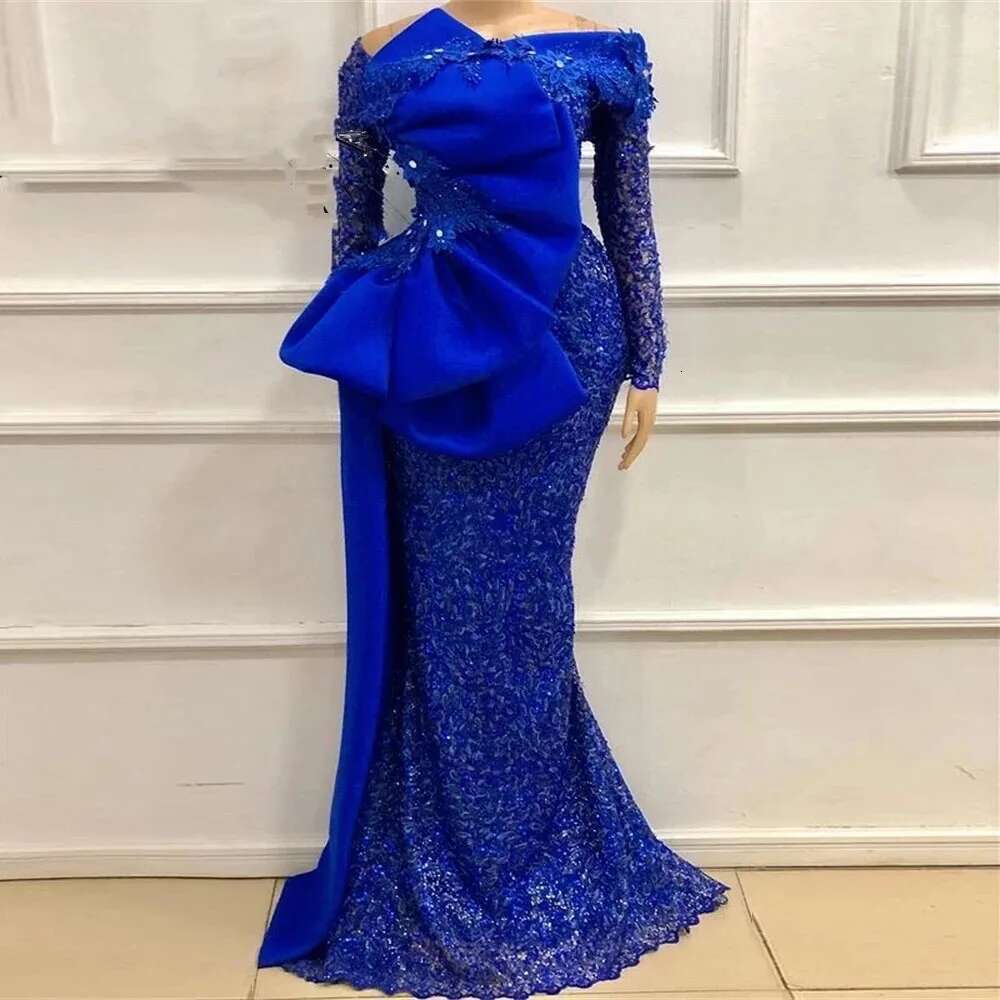 Vintage Aso Ebi Evening Dresses Mermaid Long Sleeve Lace African Women Prom Dress Royal Blue Nigeria Party Gowns Customized New