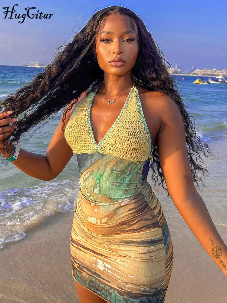 Hugcitar Spring Halter Knitted Scenery Print Backless Lace Up Sexy Mini Dress Women Fashion Clothes Beach Vacation Party 250228