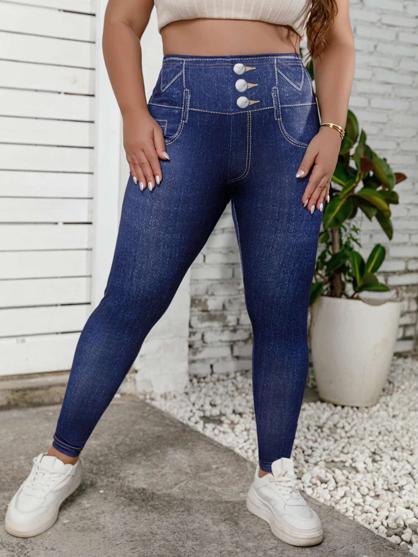 Plus Size Women's Long Leggings With Faux Denim Print Stretch Mid-Rise Skinny Pants Vintage Comfort Casual Comfortable Trousers