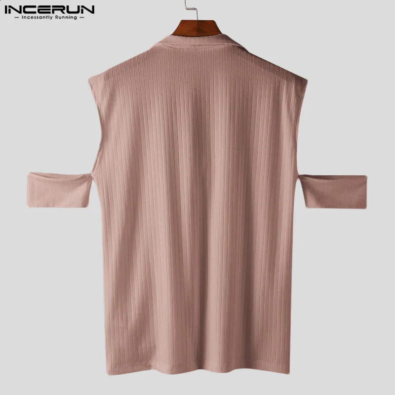 Mens T Shirt Solid Hollow Out V Neck Short Sleeve Summer Casual Mens Clothing Knitted Streetwear Fashion Tee Tops INCERUN 250226