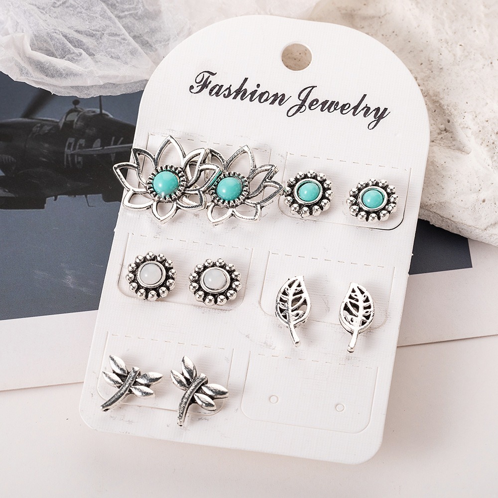 Unique Retro Dragonfly Accessory Kit Featuring Five Pairs of Exquisite Green Turquoise Earrings