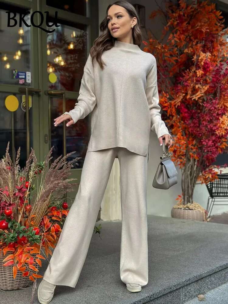 Fashion 2 Pieces Sets Women Half Turtleneck Split Sweater Wide Leg Pants Autumn Winter Loose Warm Knitted Outfits
