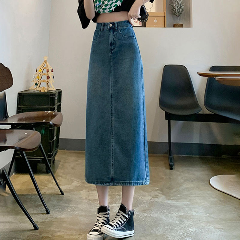 X33200 women's medium-length skirt high waist slim A-line skirt 2023 spring new denim slit skirt