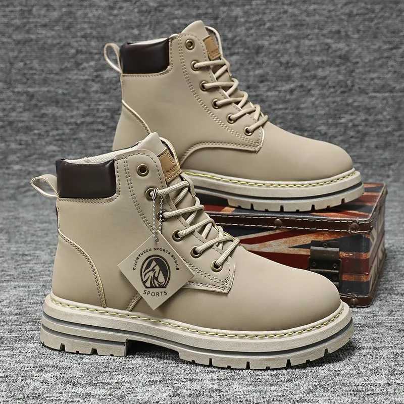 Fashion Men High Top Ankle Boots Spring Winter Comfortable Warm Platform Leather Shoes Motorcycle Lace-up Men Shoes Mens Boots Z250303