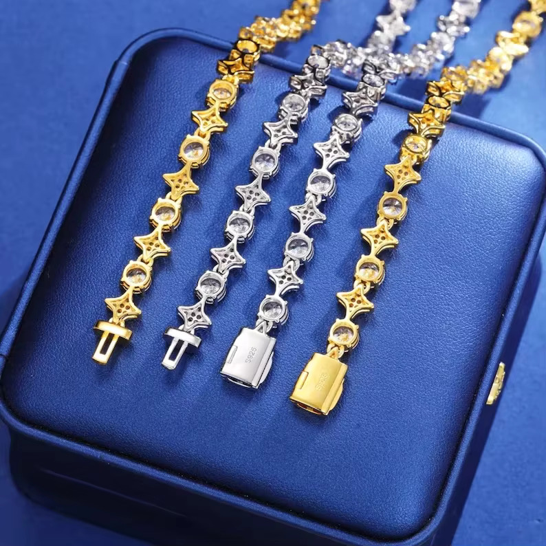 Fully Iced Out Star Round Shaped Moissanite Dia Tennis Chain Hip Hop Beautiful Jewelry Best Gift for Men & Women