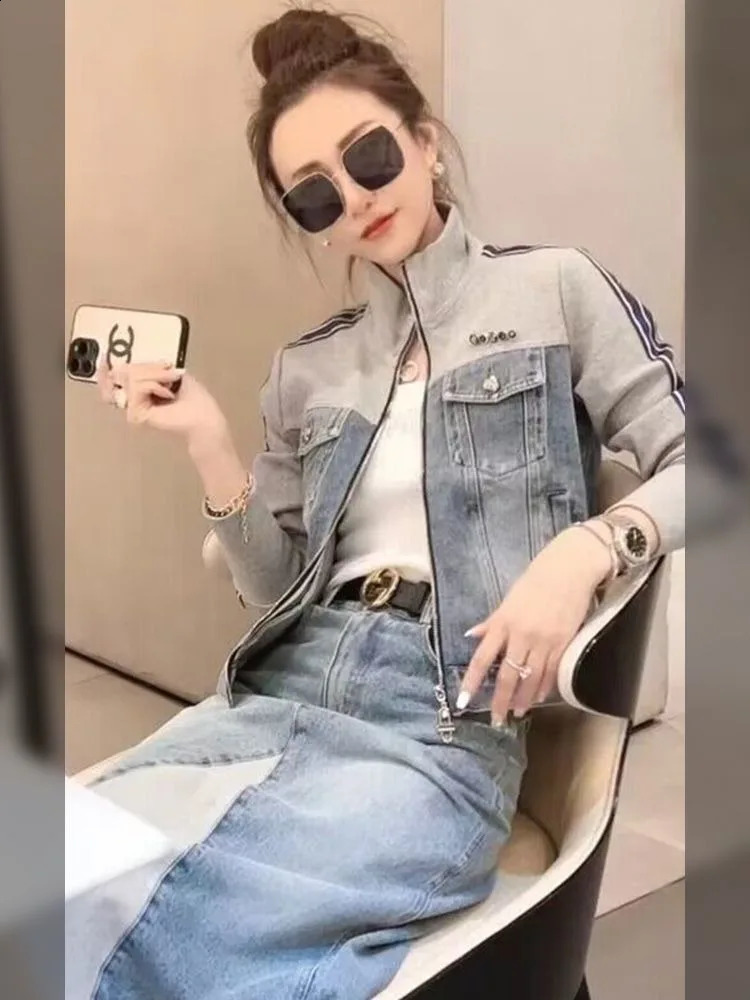 Jeans Womens Jacket Vintage Patchwork Lapel Striped Spring Thin Zipper Short Long Sleeve Tops Pockets Buttons Coats 250228
