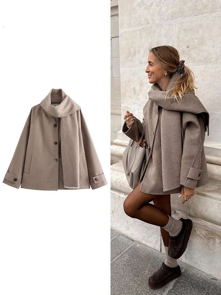 Premium Scarf Trimmed Button Long Sleeve New Solid Colour Fashion Tweed Jacket Temperament Women's Clothing