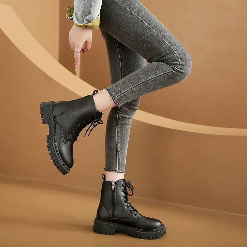 TSTCTB Brown Platform Ankle Boots Women Autumn Winter Thick Bottom Motorcycle Boots Woman Thicken Warm Lace Up Shoes Ladies Z250303