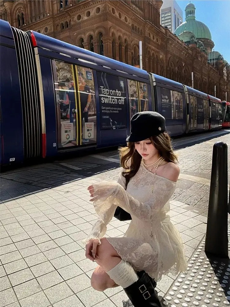 Pure and Sweet Short Skirt with Waist Slim Korean n Flare Sleeve Lace Offshoulder Dress for Women 250228