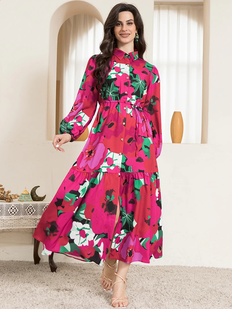 Sweetheart Collar Long Sleeve Button Belted Polka Dot Print Maxi Dress in Rose Pink 250228