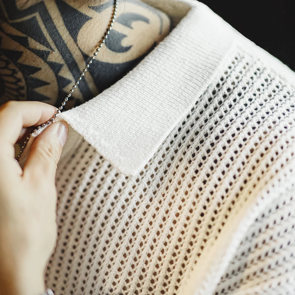 Maden Retro Hollow Knitted Short Sleeve Polo Shirt Tee Ivy Half Open Collar White Wide Waist Mens Summer Top T-shirt 250226