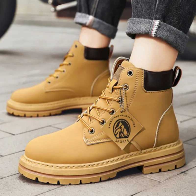 Fashion Men High Top Ankle Boots Spring Winter Comfortable Warm Platform Leather Shoes Motorcycle Lace-up Men Shoes Mens Boots Z250303