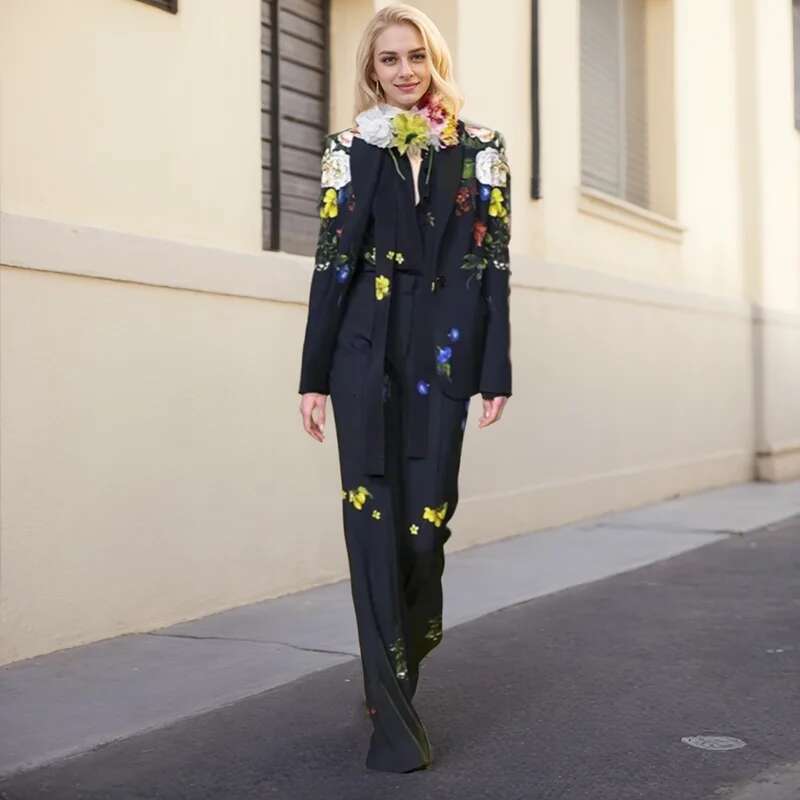 Elegant Temperament Ladies' Suit Autumn Wer Printed Single Button Blazer Coat High Waist Long Flare Pants Two Pieces Sets