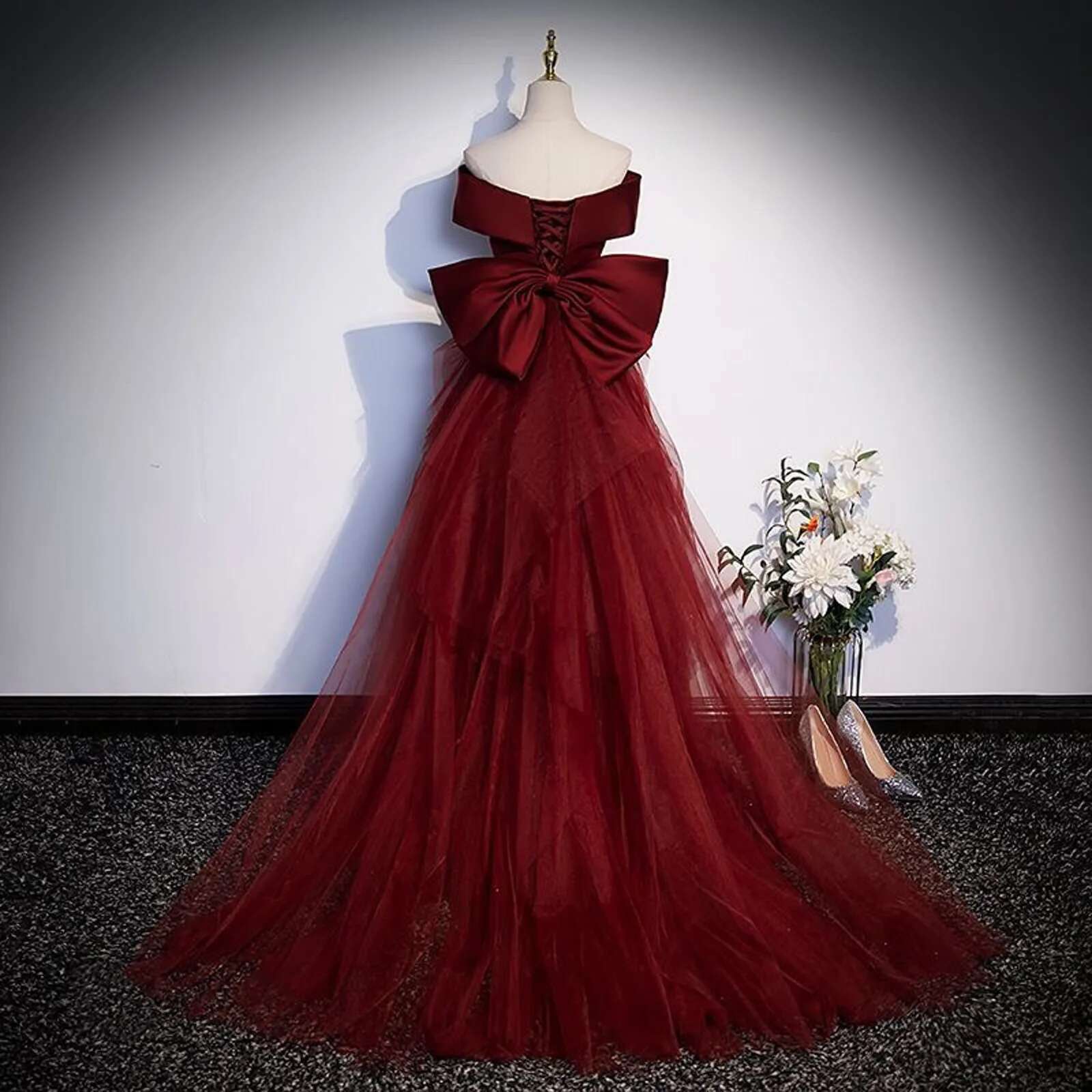 One Shoulder Trumpet Long Dresses Wine Red Evening Gown Back Big Bow Light Gauze Wedding Dress For Women Vestido Feminino