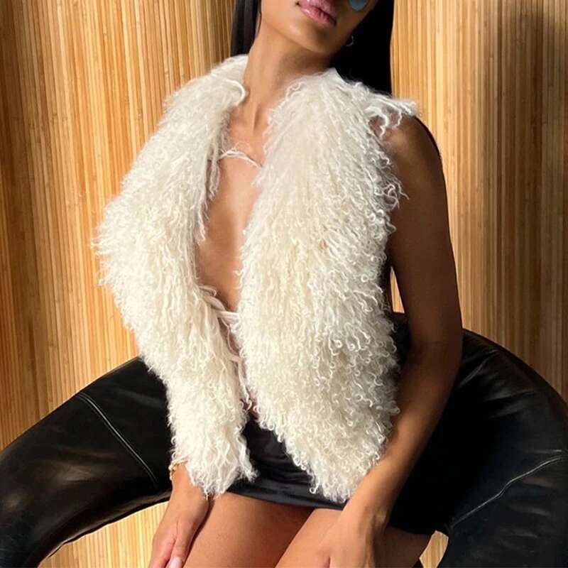 BKLD Sexy Temperament Fluffy Tops For Women High Street Y2k Nightclub Outfits Faux Fur Backless Lacing Solid 2025 Vest Waistcoat