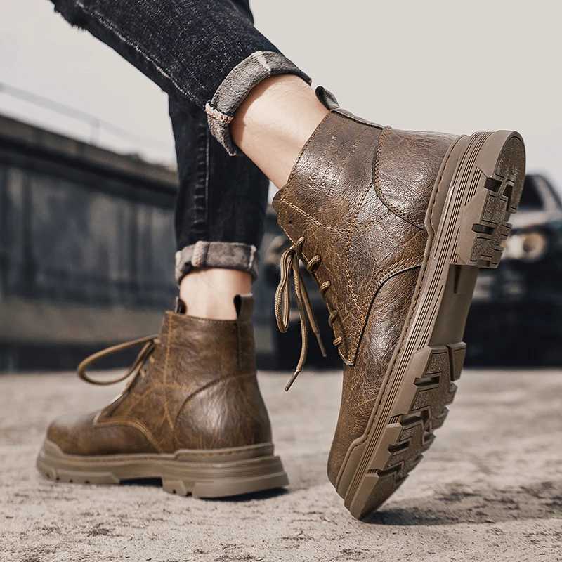 Mens Ankle Boots Genuine Leather Western Boots Classic Men Motorcycle Boots Outdoor Work Shoes Vintage Tooling Shoes Flats Z250303
