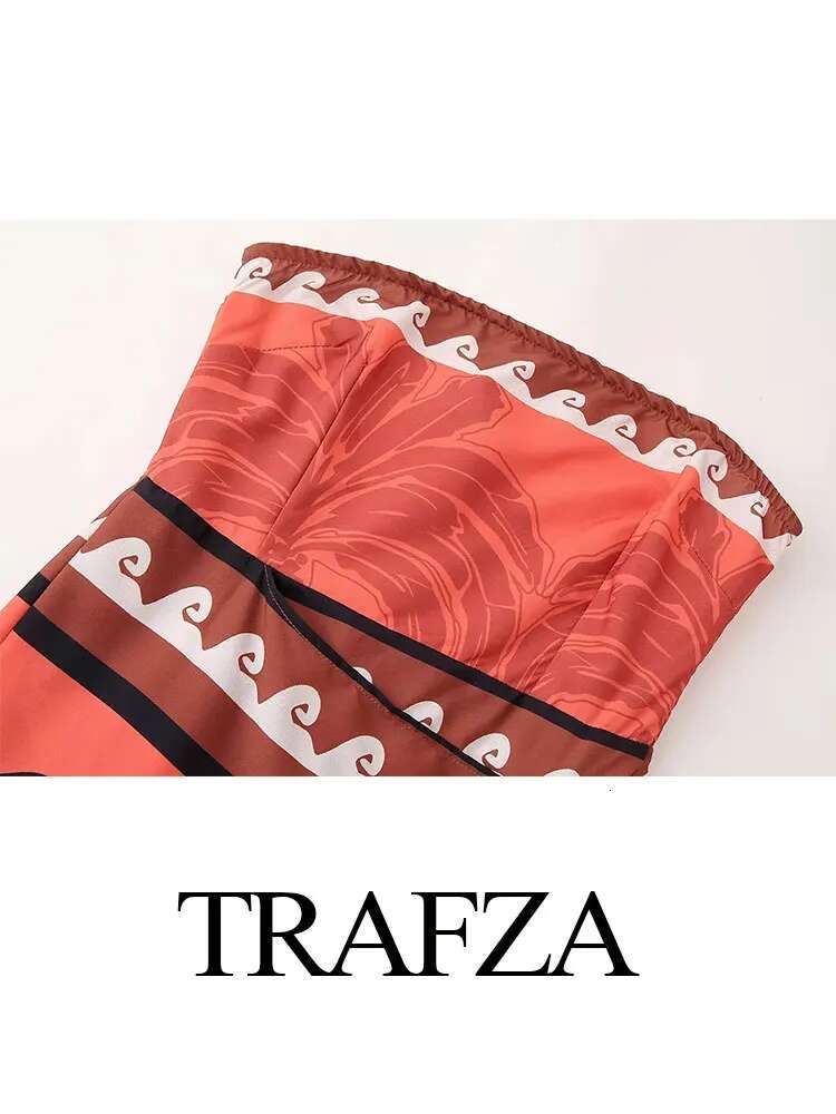 TRAFZA 2024 Summer New Satin Patchwork Print Chic Sleeveless Backless Strapless Women's Resort Style Zipper Dress