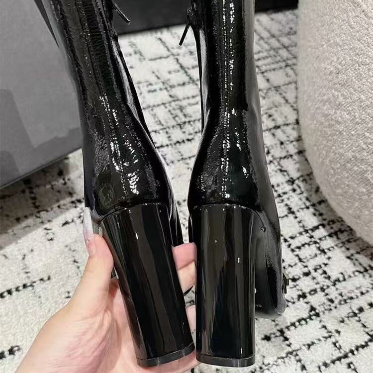 Sharp pointed short for women 2025 new spring and autumn season high heels patent leather fashionable slim thick heel mid tube boots