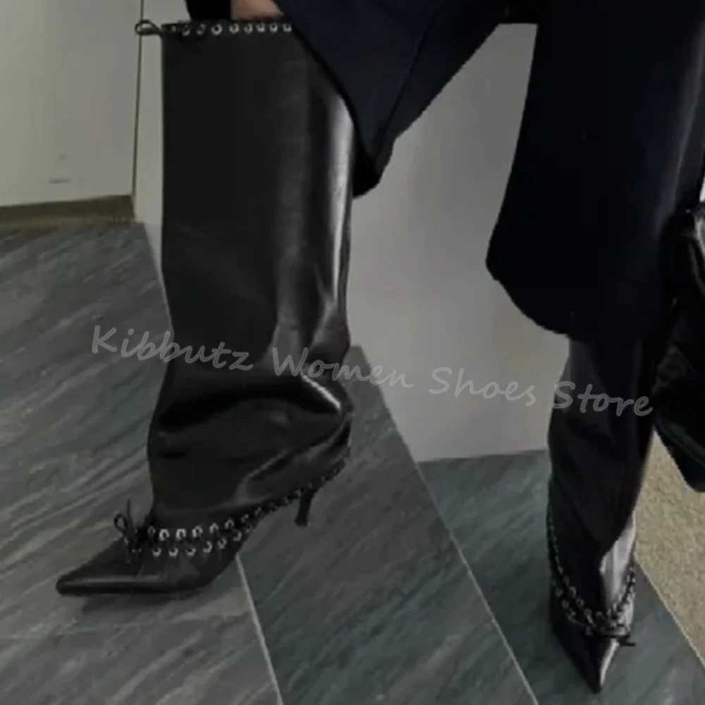 Knee High Boots Wide Lace-Up Cross Strap Genuine Leather Slip-On Luxury Concise Party Dress Women Shoes Pointed Toe Kitten Heels Z250303