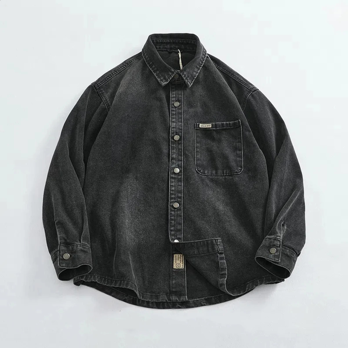 Loose sleeved fashion denim shirt jacket menswear top Heavy thick make old wash black gray 250226