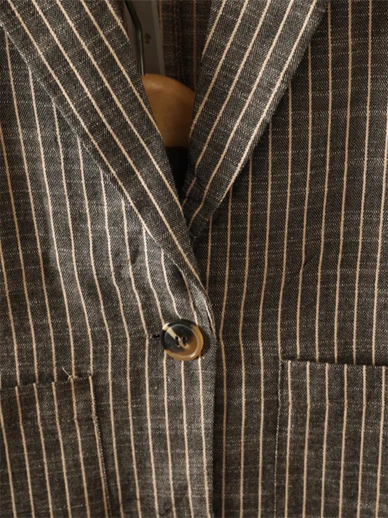 Autumn Large Size Striped Cotton Linen Pants Suit Womens Blazer Casual Fashion High Waist Wide Leg Two Piece Set z2877 250225