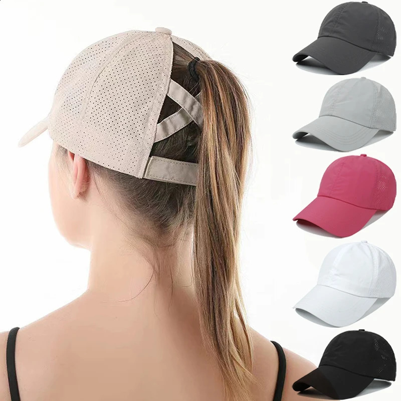 Summer Solid Color Baseball Caps Golf Wear Women Sport Leisure Cross tail Hat Mesh QuickDrying HalfHollow Mens ed Cap 250228