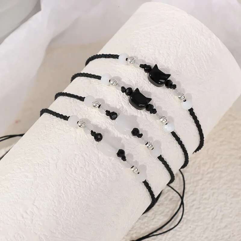 2pcs Natural Moonstone Obsidian Bracelets Couple Minimalist Handmade Cute Black White Cat Bracelet Party Jewelry Gifts