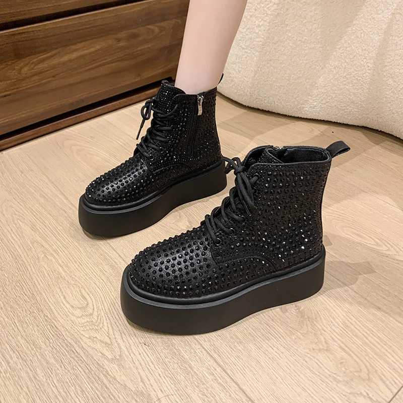Rock Shoes Womens Zipper Flat Shoes Boots Womens Crystal Round Toes Luxury Designer Mid calf 2024 Rhinestone High Heels Lolita Z250303