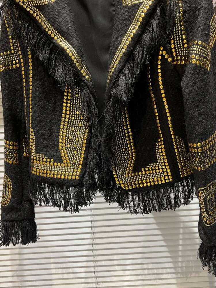 DEAT Fashion Women's Blazer Notched Collar Tweed Metal Rivet Fringed Fringe Long Sleeve Suit Jackets Autumn 2025 New 17A4338